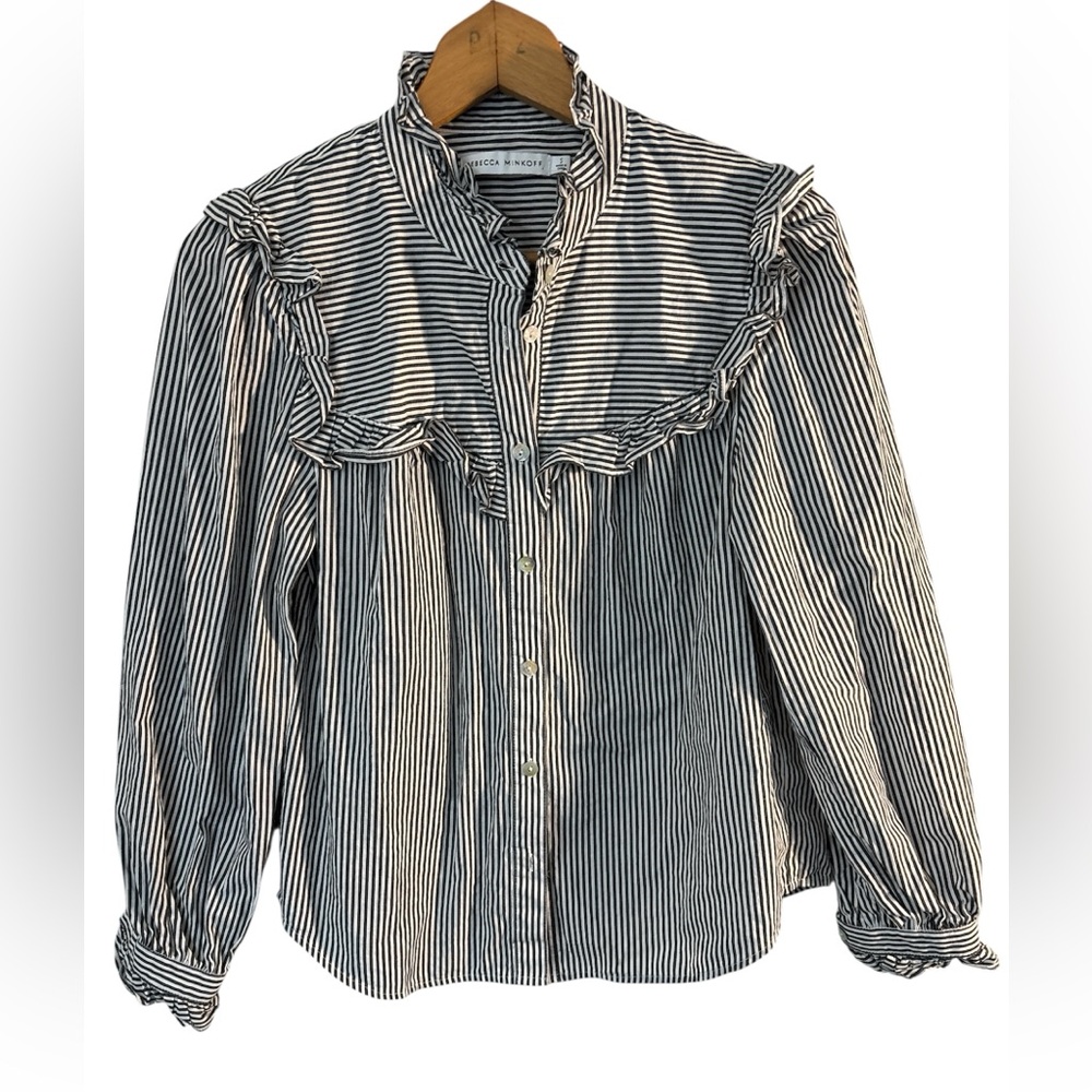 Rebecca Minkoff Grey White Linda Striped Ruffle Blouse Womens S 100% Cotton